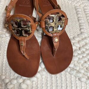 Tory Burch Tan Leather Sandals with Gold Accents